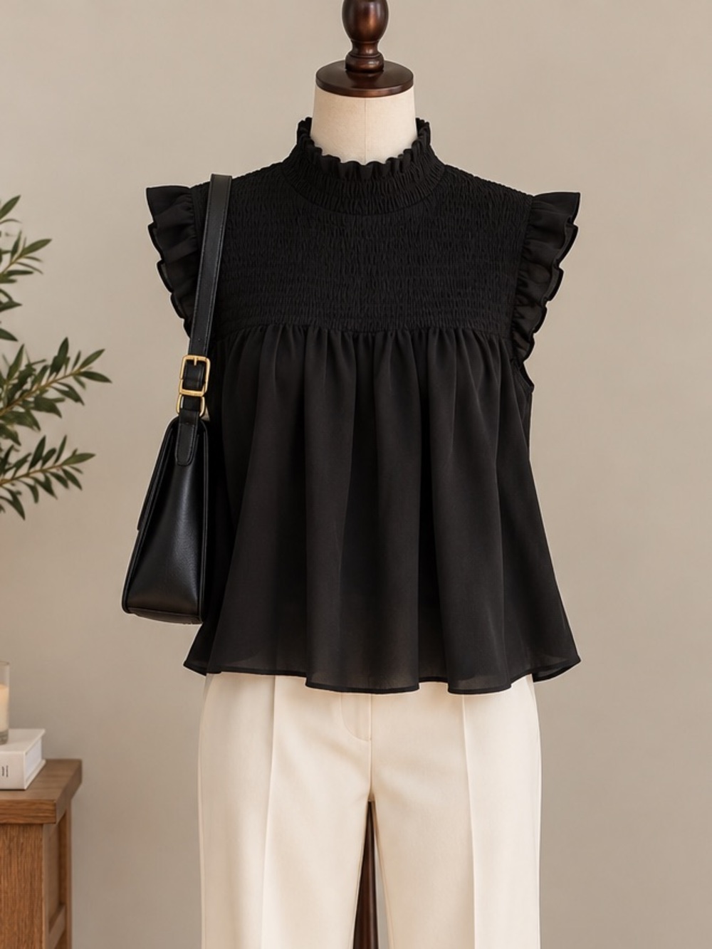 French Connection Black Smocked Ruffle Blouse S Romantic Dark Academia